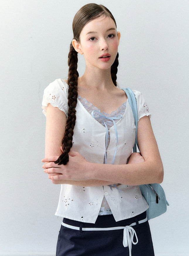 Eyelet Puff Sleeve Ribbon Top - White