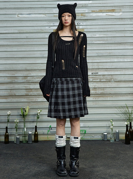 Distressed Bow Knit Top - Black