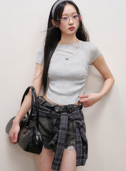 Layered Plaid Wrap Denim Skort