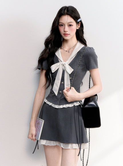 Bow Tie Knit Top & Pleated Mini Skirt Set