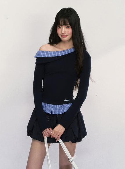 Off-Shoulder Check Trim Top