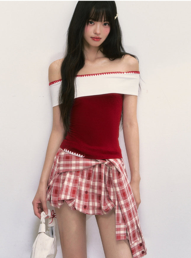 Contrast Off-Shoulder Slim Top