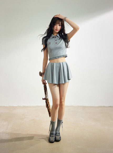 Preppy Cropped Polo and Pleated Skirt Set - Grey