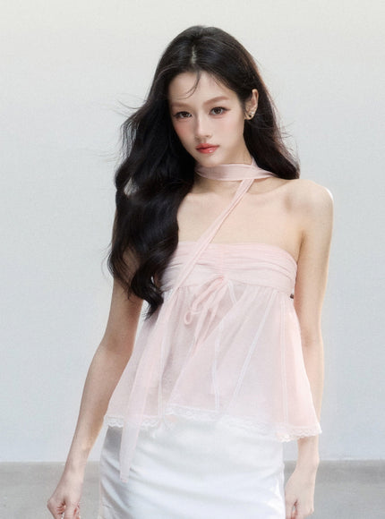 Sheer Ribbon Tie Strapless Blouse