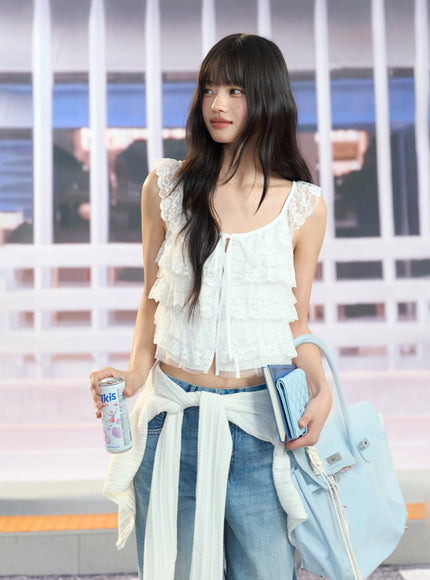Lace Trim Tiered Chiffon Top