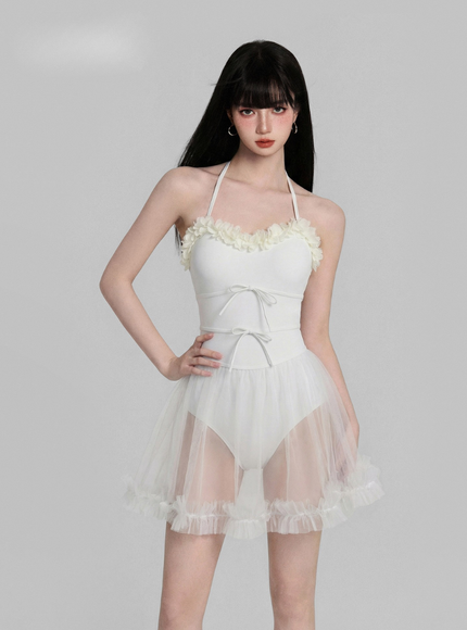 Ruffle Trim Mesh Swimsuit