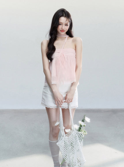 Sheer Ribbon Tie Strapless Blouse