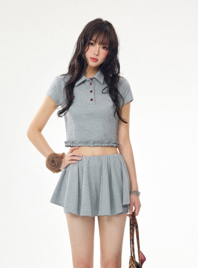 Preppy Cropped Polo and Pleated Skirt Set - Grey