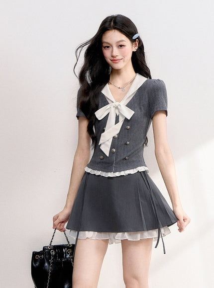 Bow Tie Knit Top & Pleated Mini Skirt Set