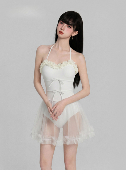 Ruffle Trim Mesh Swimsuit