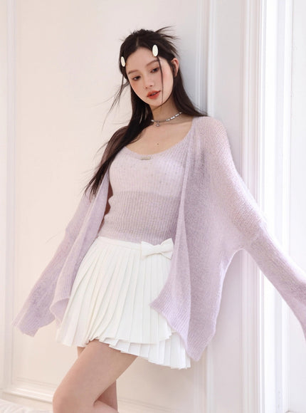 Soft Lilac Sheer Knit Cardigan Set