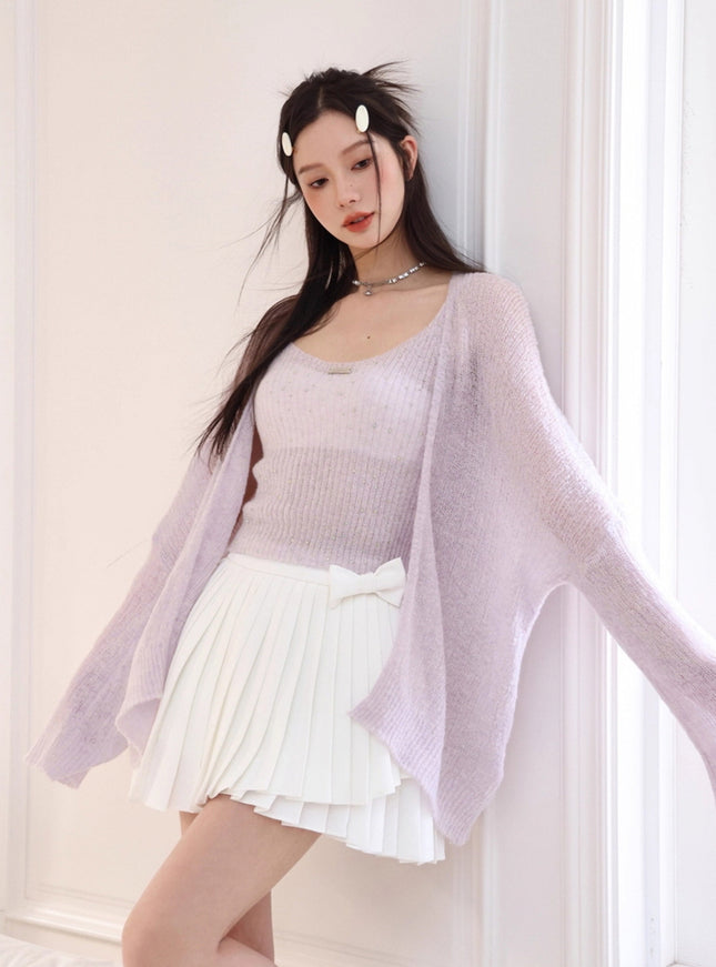 Soft Lilac Sheer Knit Cardigan Set