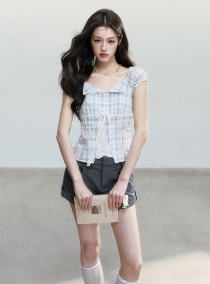 Plaid Puff Sleeve Corset Top