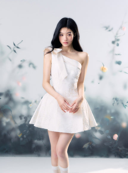 Floral Jacquard One-Shoulder Mini Dress