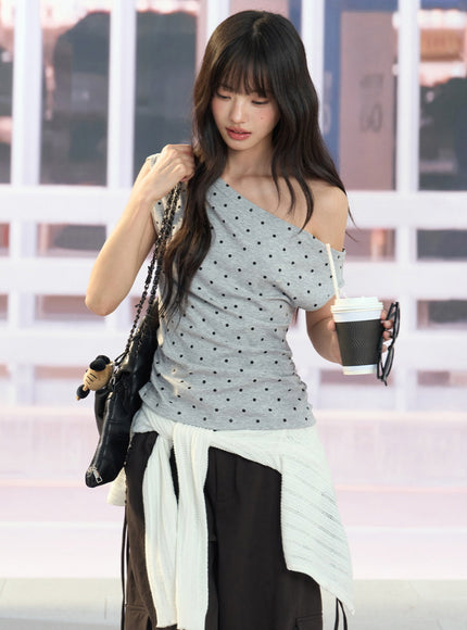 Asymmetric Polka Dot Top - Gray