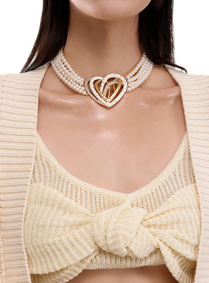 Golden Double Heart Pearl Choker Necklace