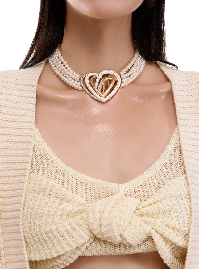Golden Double Heart Pearl Choker Necklace