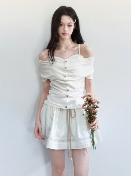 Soft Buttoned Off-Shoulder Top