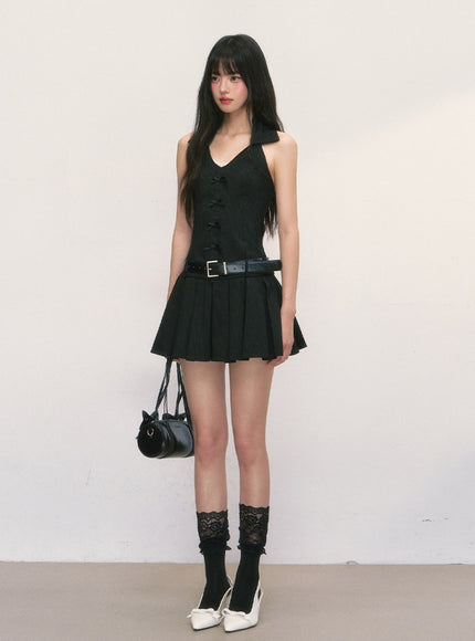 Halter Collar Pleated Mini Dress