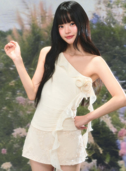 Ruffle One-Shoulder Mesh Top