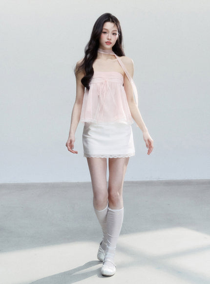 Sheer Ribbon Tie Strapless Blouse