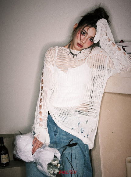 Distressed Open-Knit Sheer Sweater