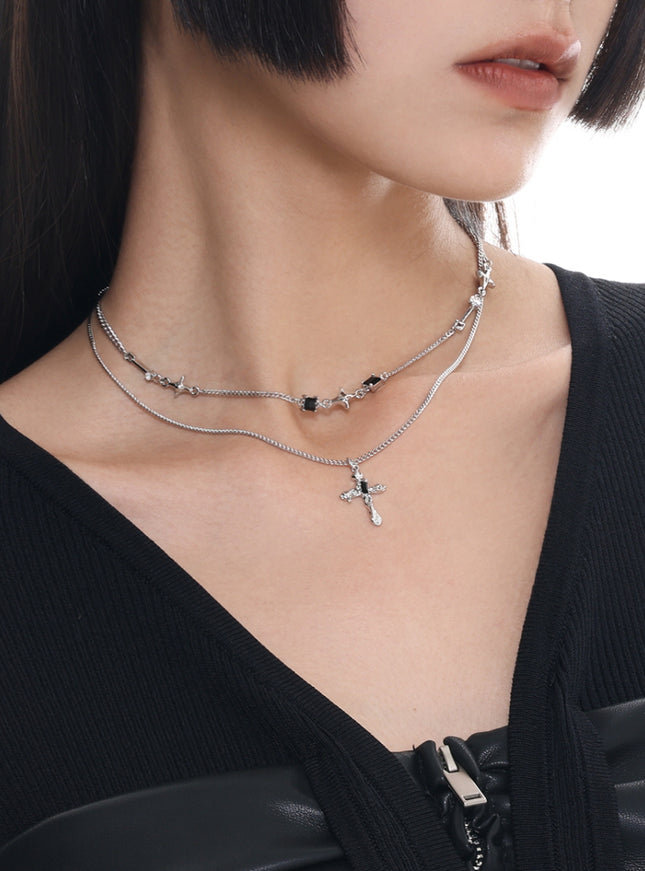 Layered Cross Charm Chain Necklace