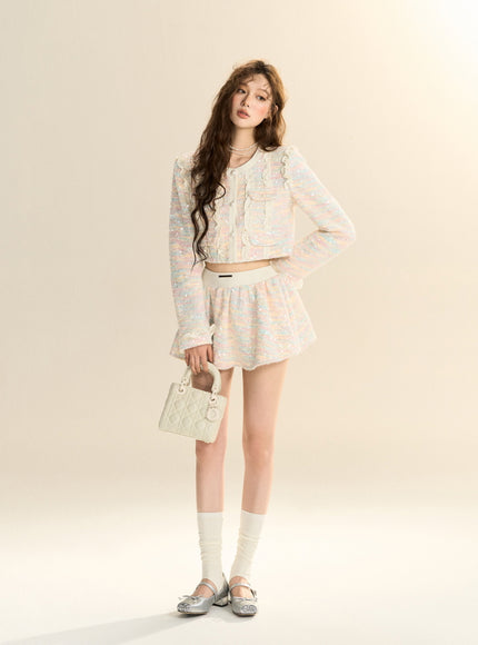 Pastel Tweed Ruffle Two-Piece Set