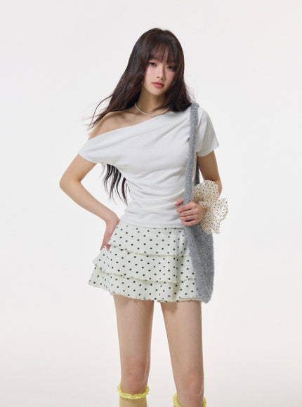 Asymmetrical Off-Shoulder Draped Top - White