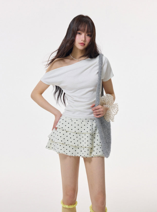 Asymmetrical Off-Shoulder Draped Top - White