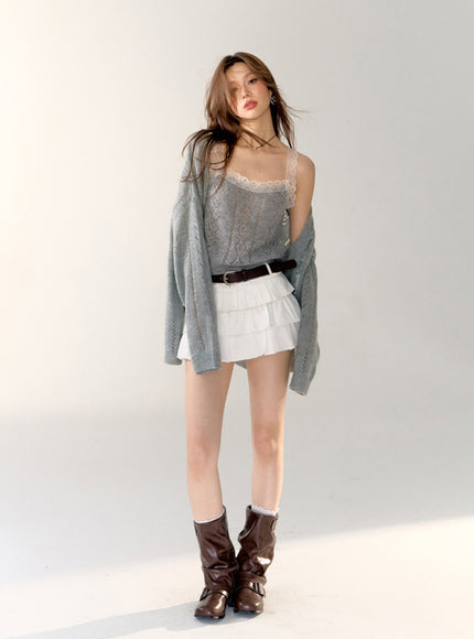 Sheer Lace-Trim Knit Cardigan Set