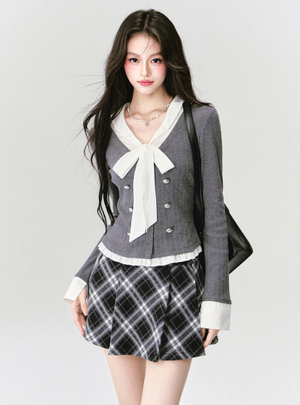 Bow Tie Top & Plaid Mini Skirt Set