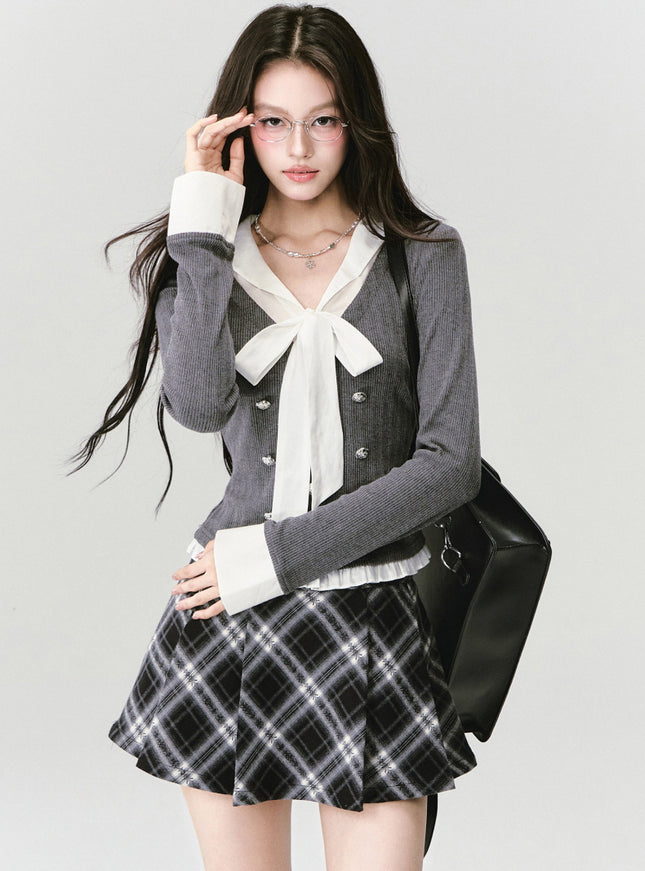 Bow Tie Top & Plaid Mini Skirt Set