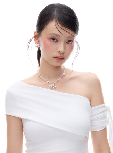 Crystal Bow & Pearl Pink Stone Necklace