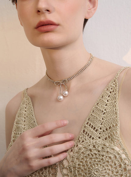 Crystal Bow Drop Pearl Choker