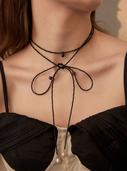 Beaded Ribbon Tie Lariat Necklace