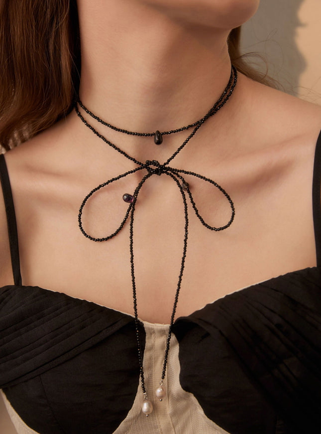 Beaded Ribbon Tie Lariat Necklace