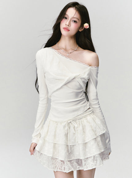 Lace Trim One-Shoulder Top