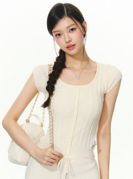 Slim Fit Button Knit Cap Sleeve Top