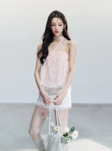Sheer Ribbon Tie Strapless Blouse