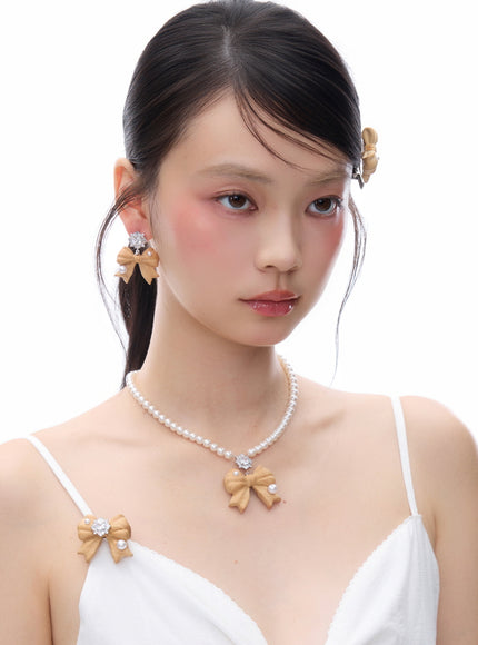 Wooden Bow Pearl Drop Earrings