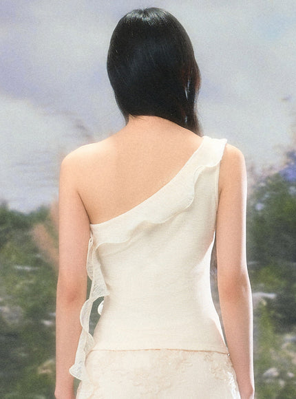 Ruffle One-Shoulder Mesh Top