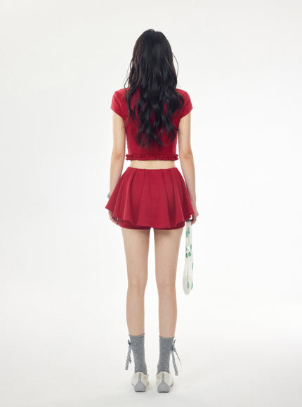 Preppy Cropped Polo and Pleated Skirt Set - Red