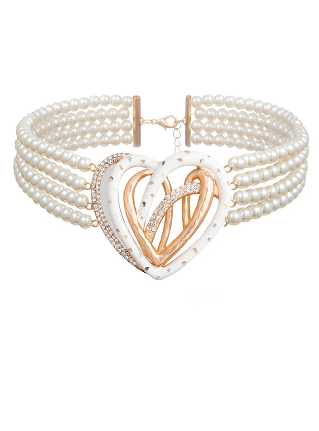 Golden Double Heart Pearl Choker Necklace
