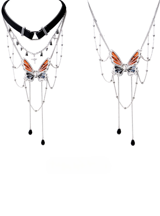 Layered Butterfly Pendant Choker Necklace