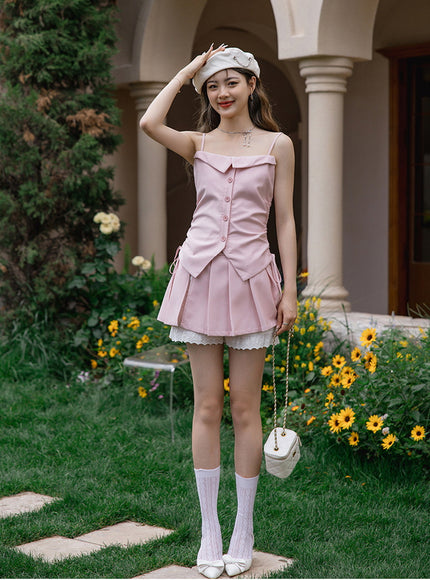 Blush Button-Up Camisole and Pleated Skirt Set