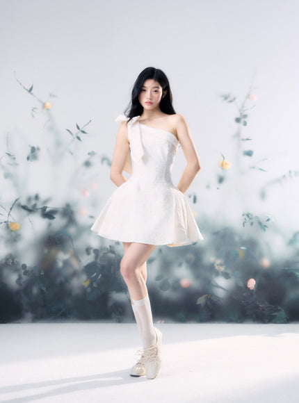 Floral Jacquard One-Shoulder Mini Dress