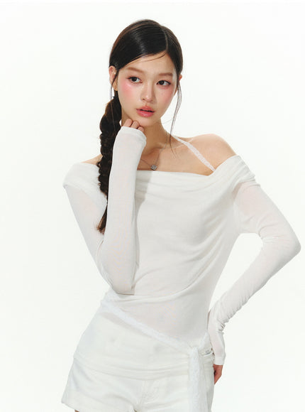 Sheer Off-Shoulder Slim Fit Top