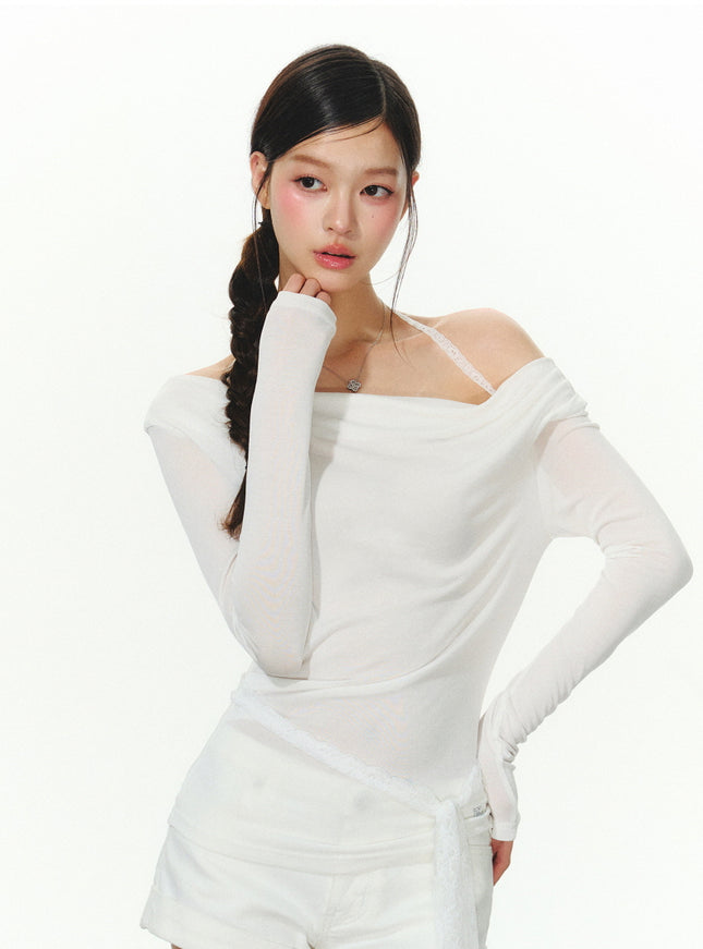 Sheer Off-Shoulder Slim Fit Top