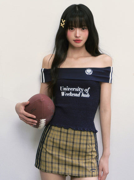 Emblem Off-Shoulder Smocked Top - Navy